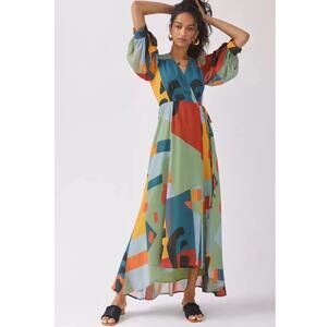 Anthropologie Women XS Hutch Abstract Wrap Maxi Dress Colorful Wedding Guest Fun
